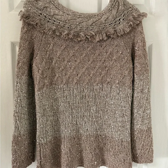 White House Black Market Sequin Knit Cowl Neck Sweater MP Taupe Fringe - Picture 6 of 7
